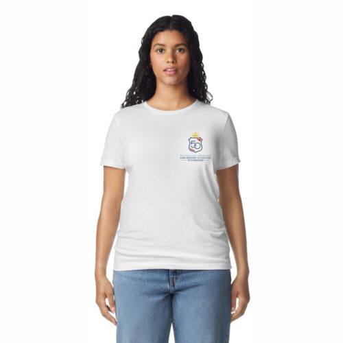King Edward VI Stourbridge 50th Anniversary - Gildan Softstyle Ladies Fit T-shirt - White (Front) King Edward VI Stourbridge 50th Anniversary – Gildan Softstyle T-shirt